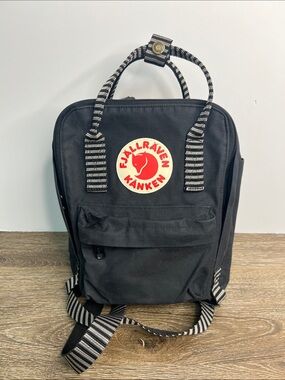 Fjällräven Kånken Mini Black Backpack With Striped Straps
